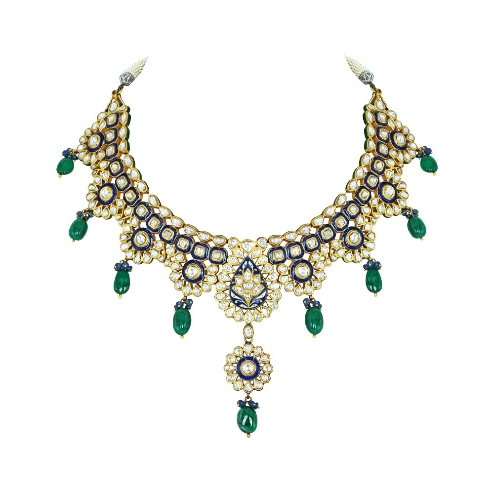 Blue Enamel Polki Necklace with Floral Pendant and Emerald Drops